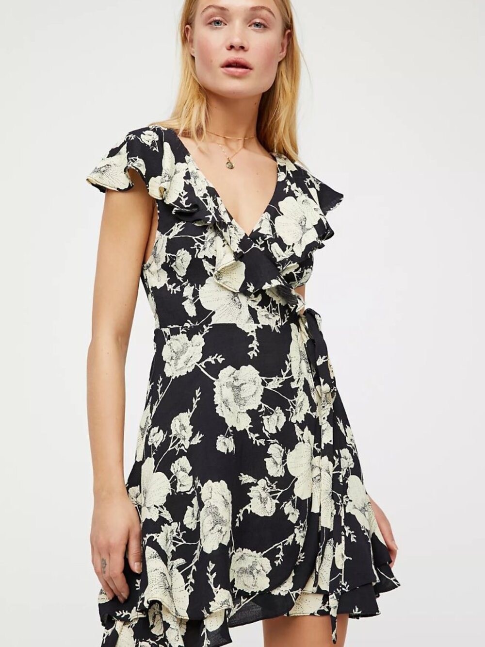 FREE PEOPLE French Quarter Mini Wrap Dress, Black and Cream Floral , Size M